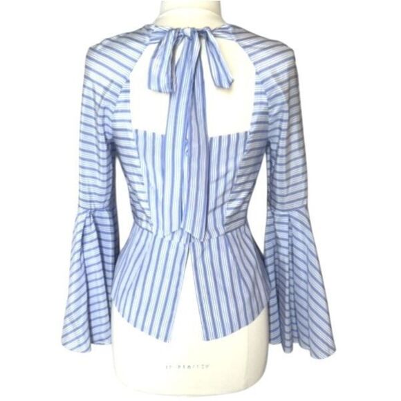 Milly New York Luna Top Stripe Bell Sleeve Peplum in Blue & White 8 - Picture 4 of 12